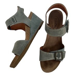 Taos Buckle Up Wedge Sandals EU 37 Distressed Denim Hippy Comfort 6 6.5 Sandals